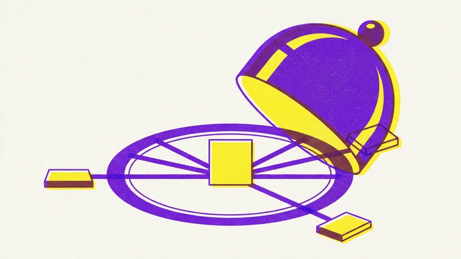 A two-ink print of a glass dome lifted and tilted aside, a ring on the ground marking where it stood, and lines now running freely out past it to platforms at both edges.