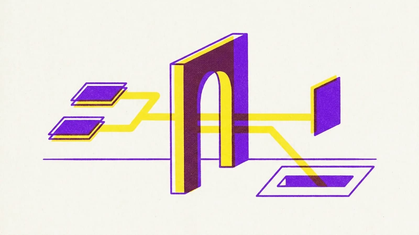 A two-ink print of two identical cards sending two identical lines into one gateway arch. Beyond it, the upper line reaches a standing card and the lower ends at an empty slot in the ground.