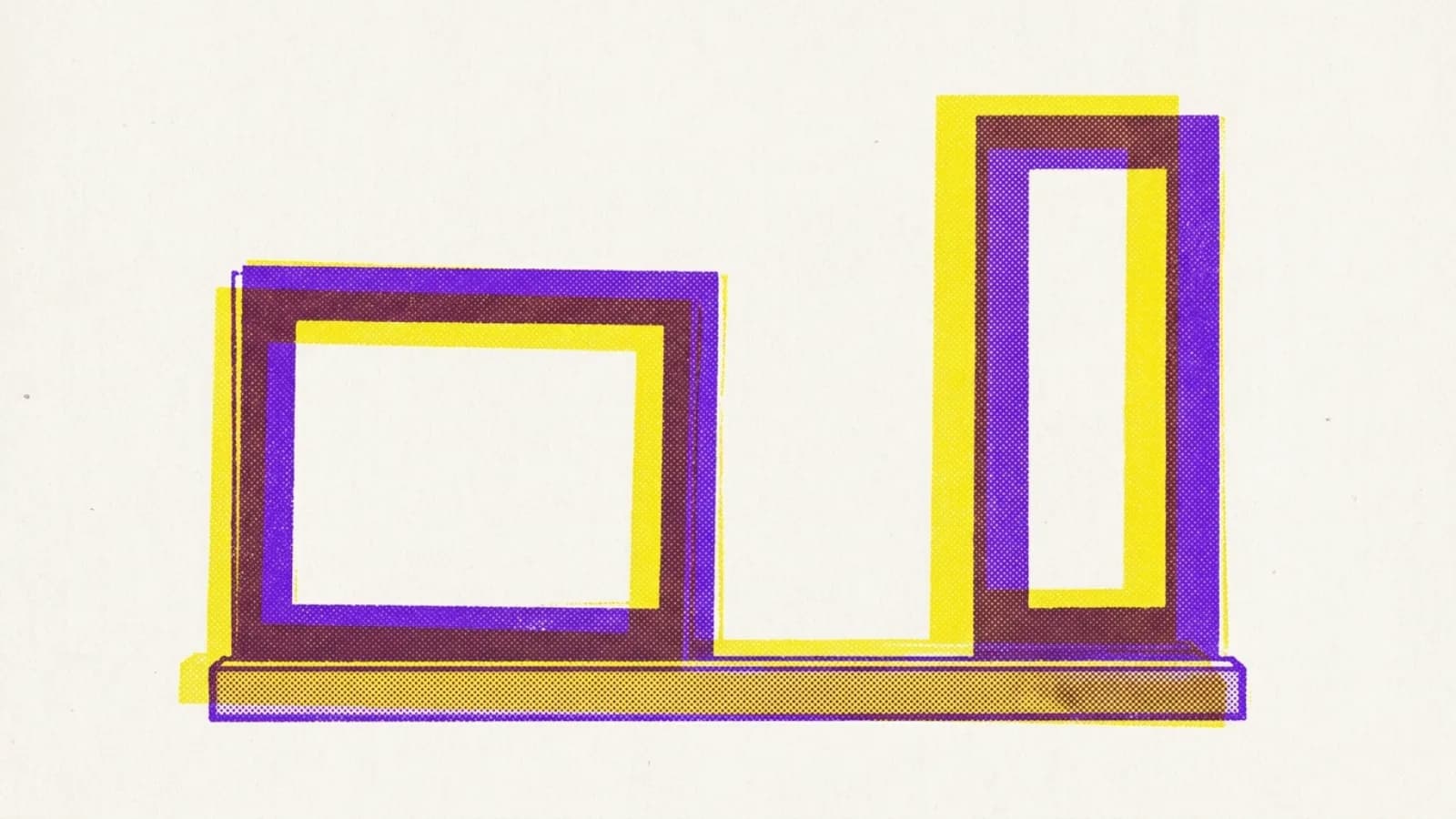 A two-ink print of two empty picture frames on one base, the left wide and short and the right narrow and tall, with a stretch of empty ground between them and nothing bridging it.