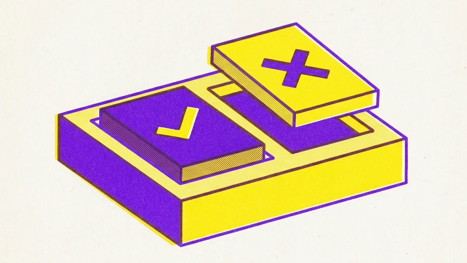 A two-ink print of two file slabs on one platform. The left sits flush in its matching recess and carries a tick; the right hovers above its recess at a tilt and carries a cross.