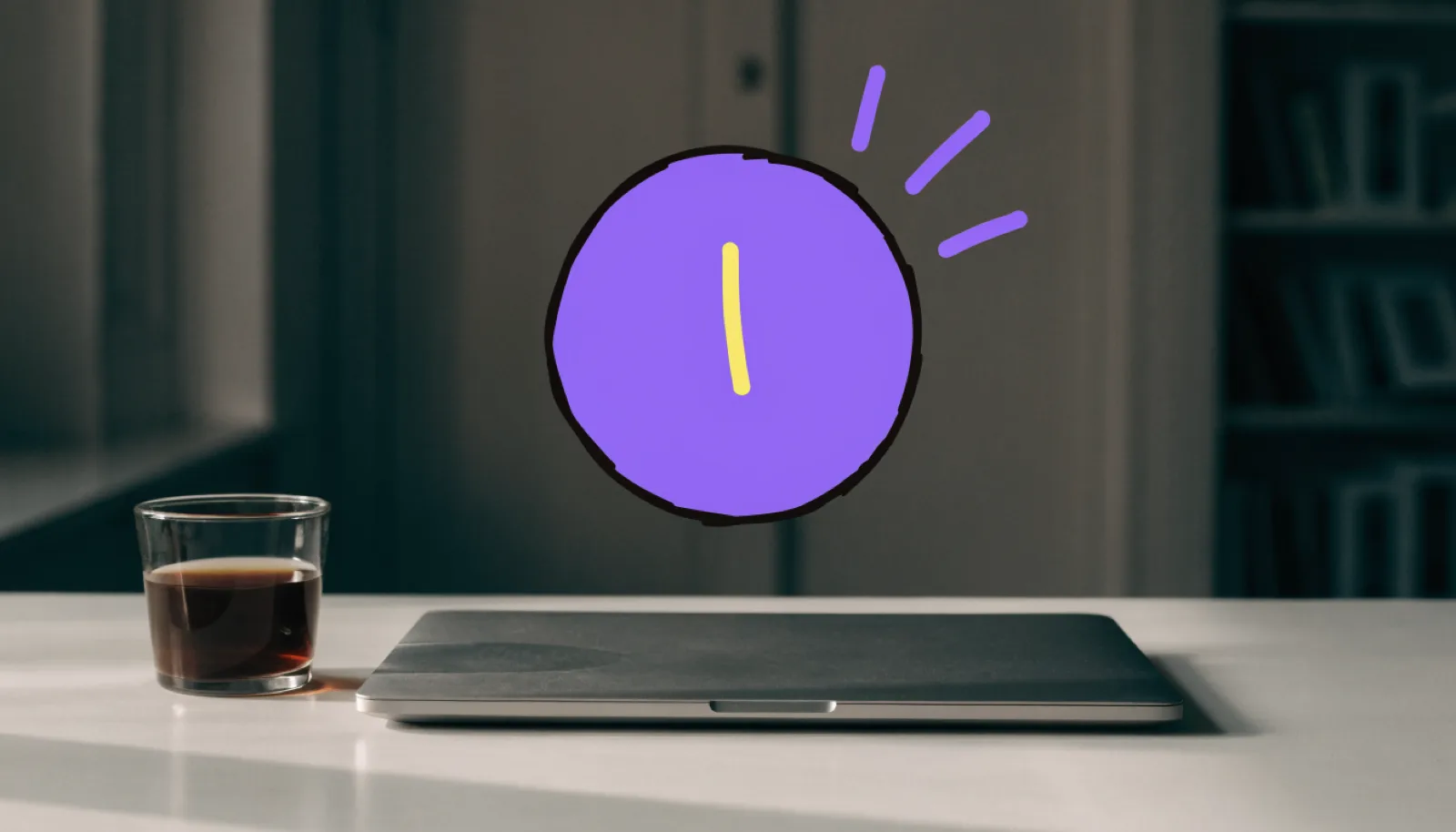 A photograph of a shut laptop on a table in dim evening light, with a flat drawn purple dial floating above it and three short lines leaving the dial toward the top corner.