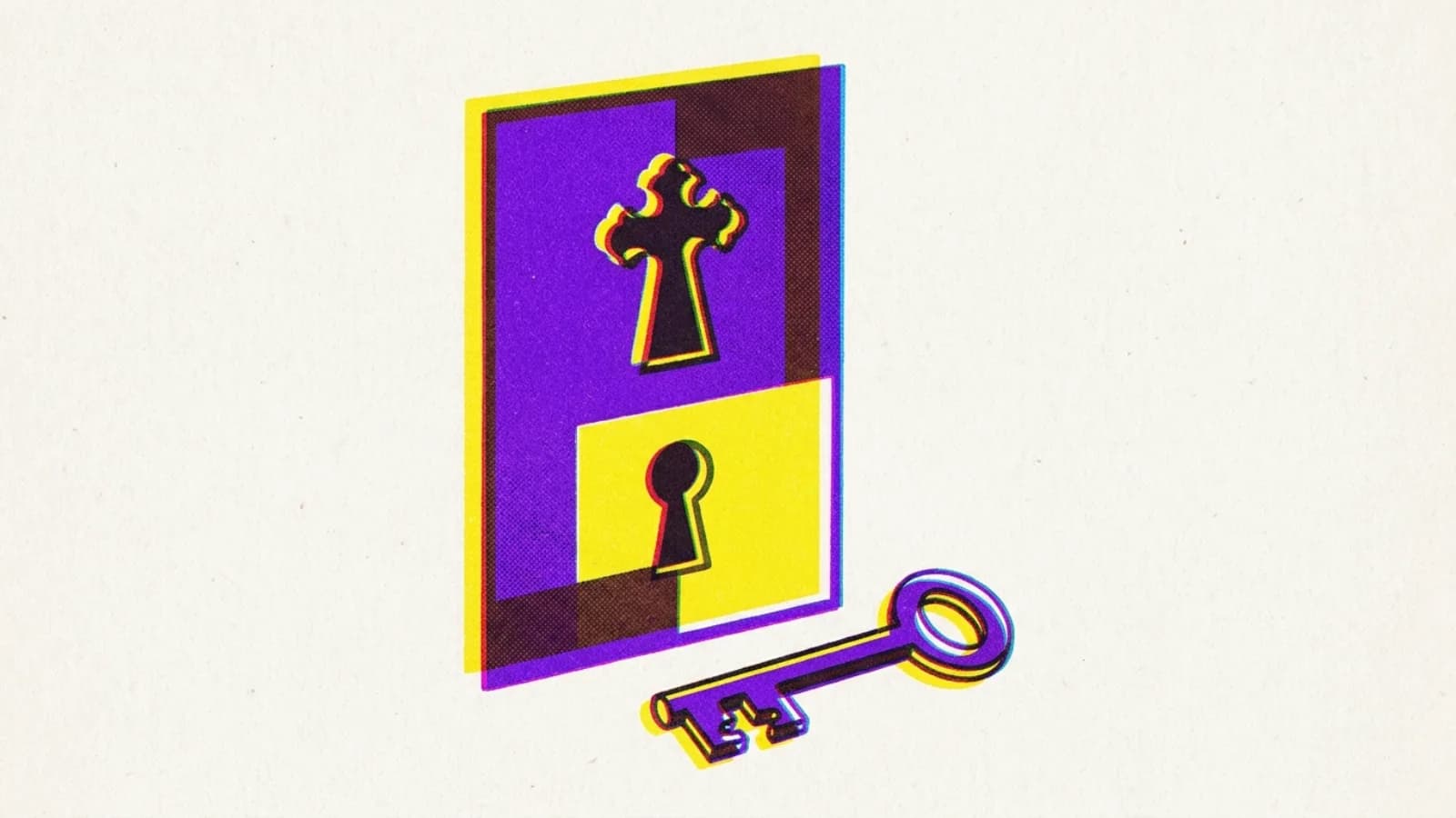 A two-ink print of an upright panel with two keyholes one above the other, and a single key on the ground whose bit matches only the upper one.
