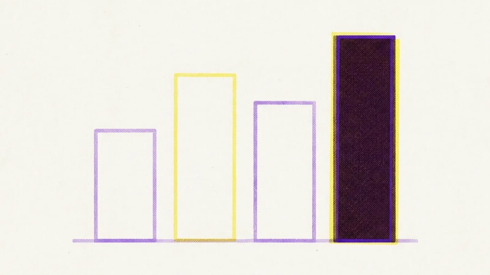 A two-ink print of four columns of different heights in a row, three left as pale outlines and the tallest filled solid so it stands apart.