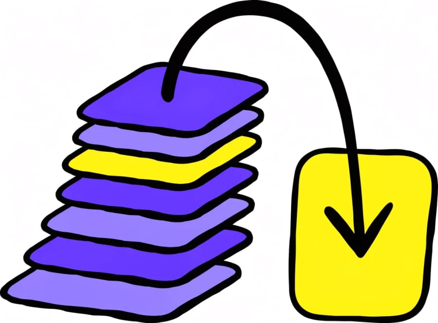 A cartoon stack of six flat cards with an arrow curving from it to one single card standing on its own.