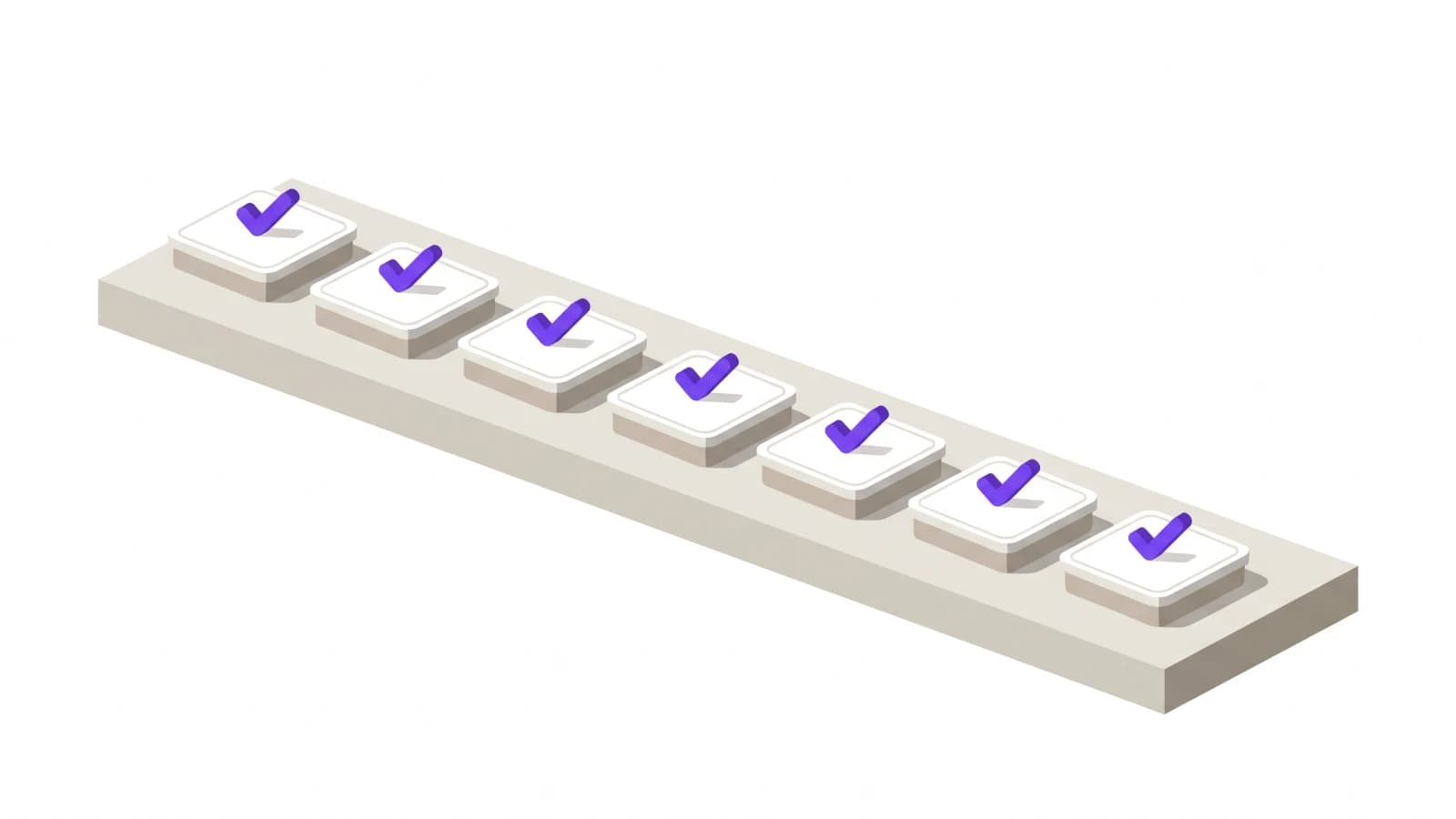 An isometric drawing of seven low plates standing in a row on one long shelf, each carrying a small checkmark.