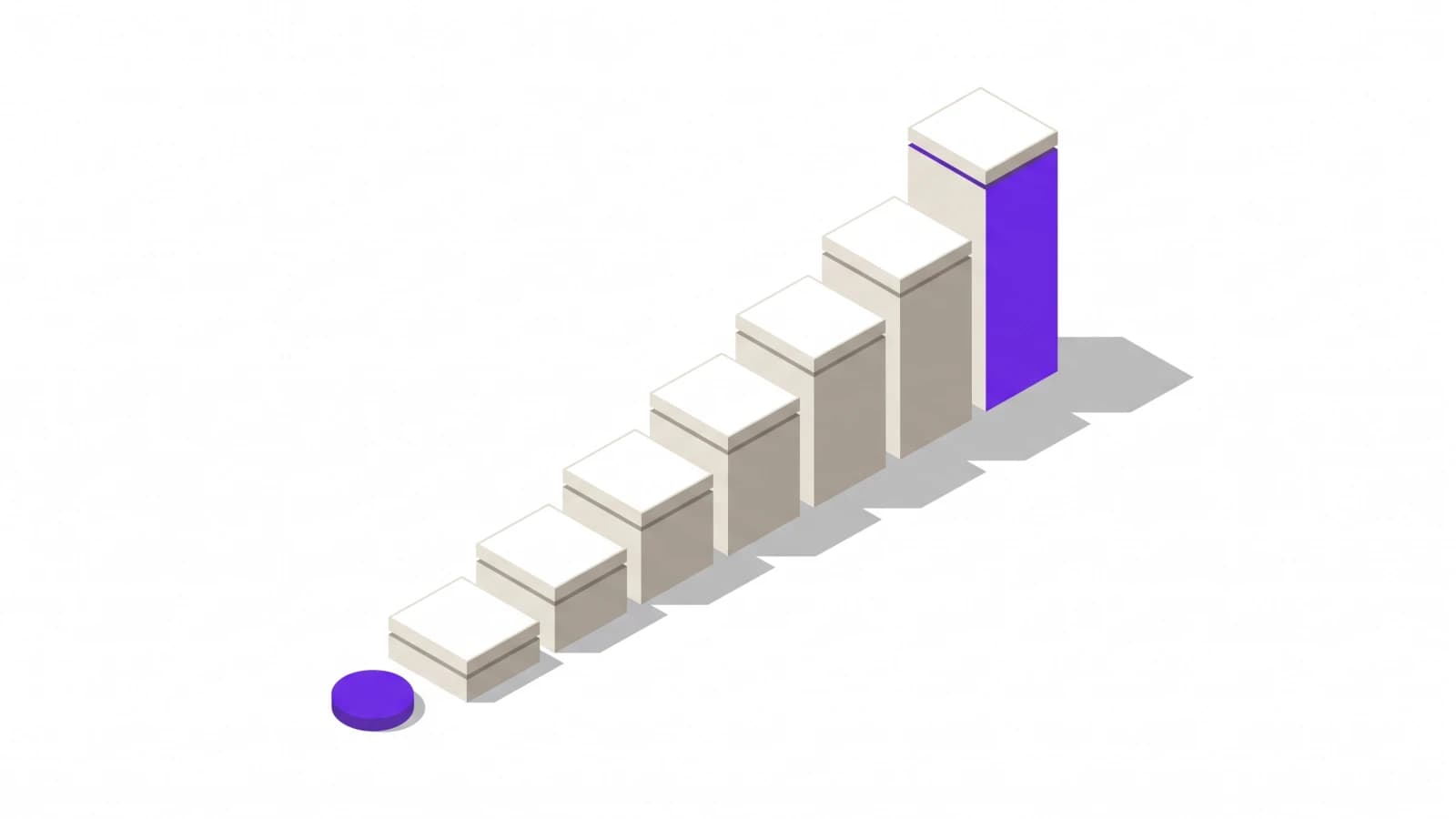 An isometric drawing of seven identical low steps rising left to right towards one much taller column, with a small disc resting on the ground at the foot of the first step.