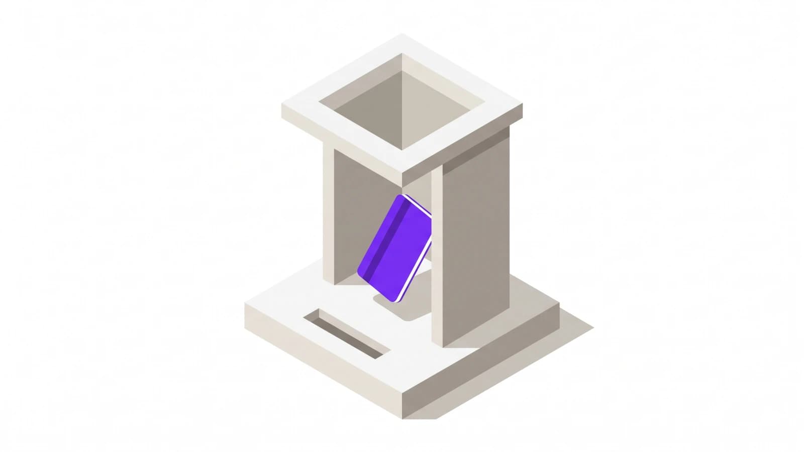 An isometric drawing of a card falling down an open square chute and landing in a matching slot cut into the plate below.