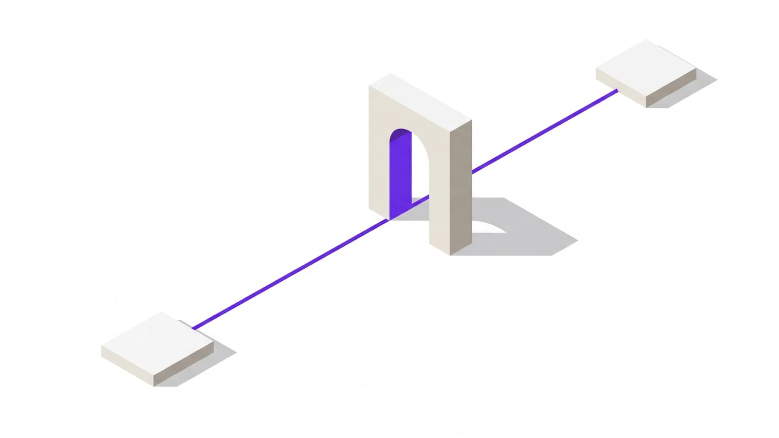 An isometric drawing of a plate at the front sending one line through a freestanding arch, the line continuing past it to a plate far behind.