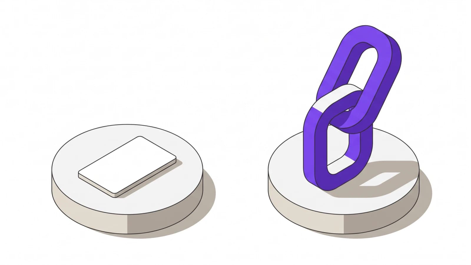 An isometric drawing of two low discs. A small flat card rests on the left one; a single chain link many times its size stands on the right one.