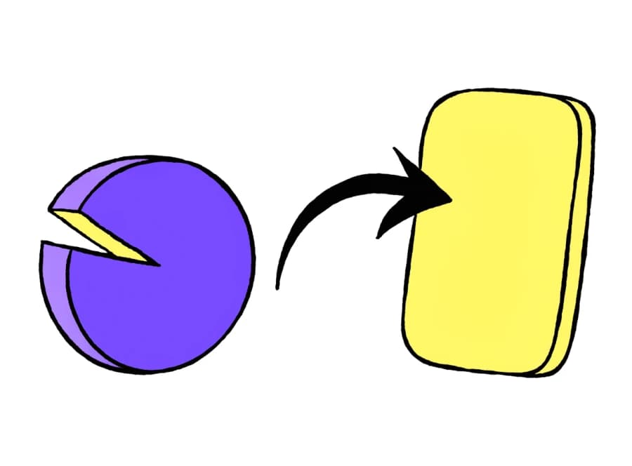 A cartoon purple dial with a narrow yellow slice cut from it, and an arrow curving to a tall yellow card standing on its own.