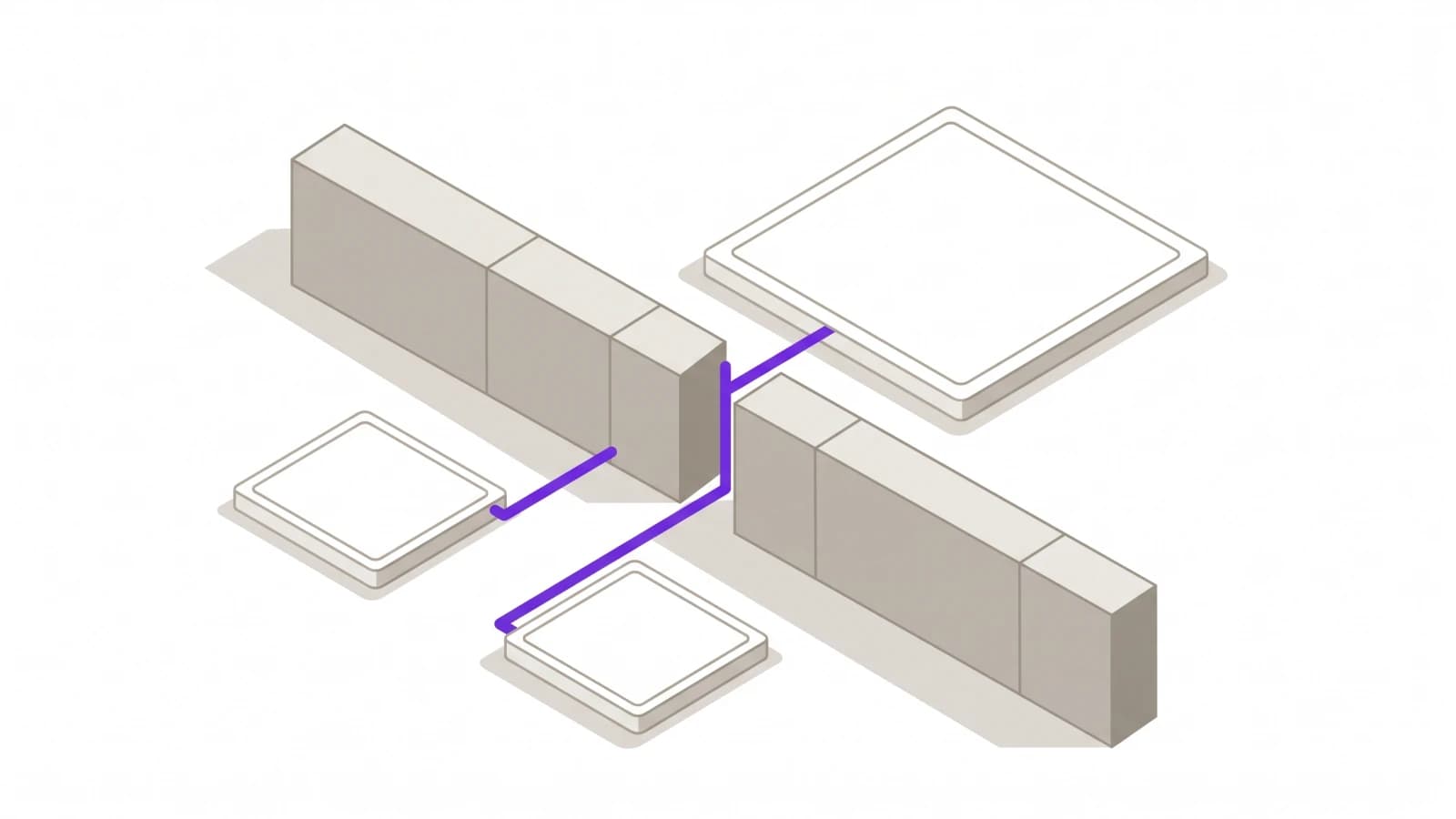 An isometric drawing of a long low wall with one narrow gap in it. Two small plates in front send lines through that single gap to reach a larger plate behind.