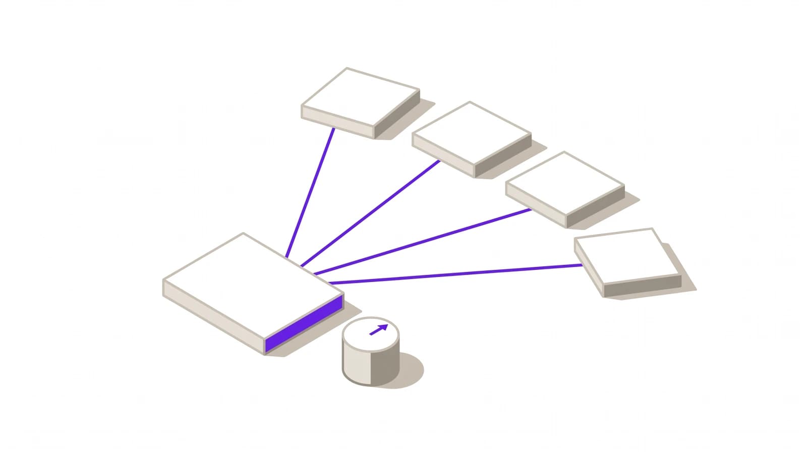 An isometric drawing of a single upright post beside a small dial, with straight lines fanning out from it to four low plates arranged in an arc.