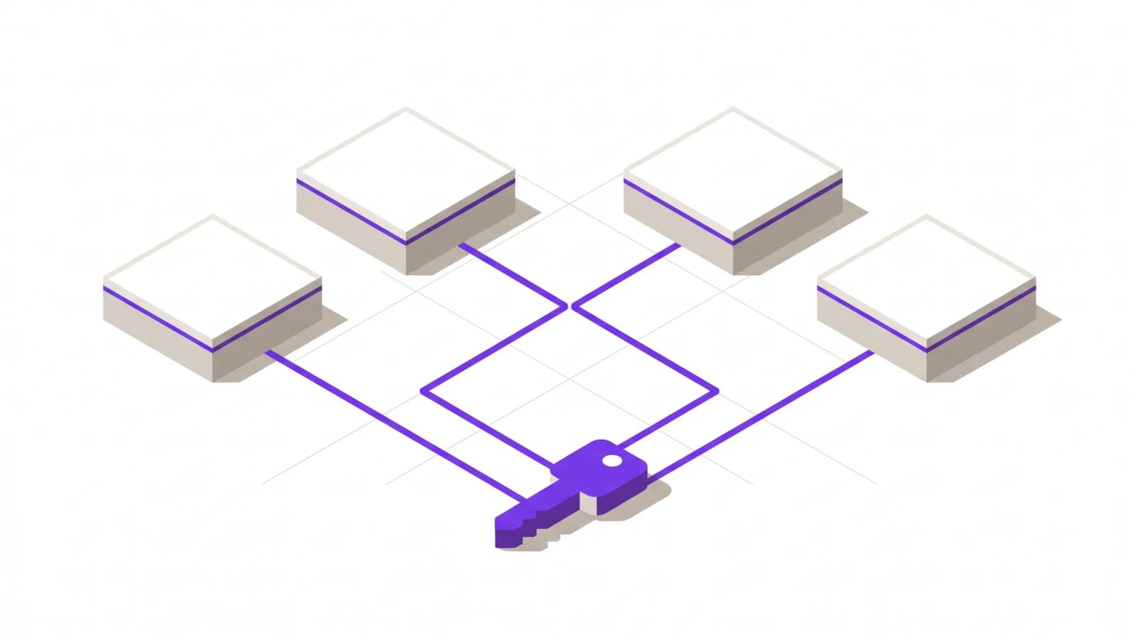 An isometric drawing of a single key at the front, with four lines running back from it to four separate plates arranged in an arc.