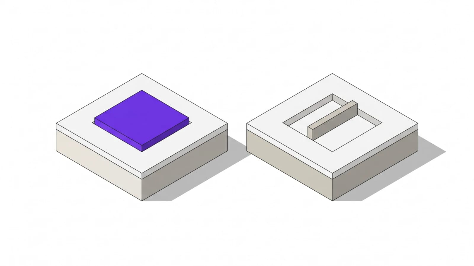 An isometric drawing of two plates, each with a square recess. The left recess holds a tile that fits it exactly; the right recess is empty and barred.