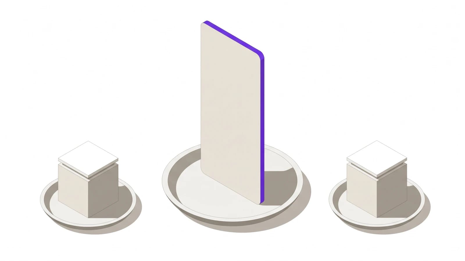 An isometric drawing of one very tall thin card standing on a wide plate, with two much shorter cards on smaller plates either side of it.