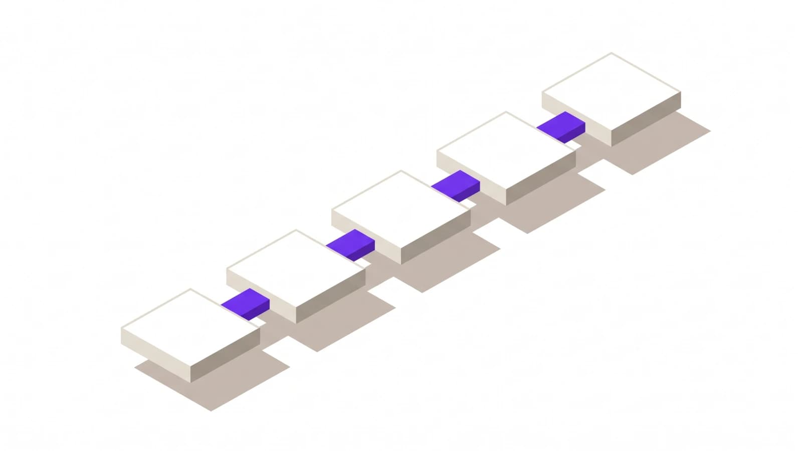 An isometric drawing of five small plates receding into the distance in a single line, each joined to the next by one short connector.