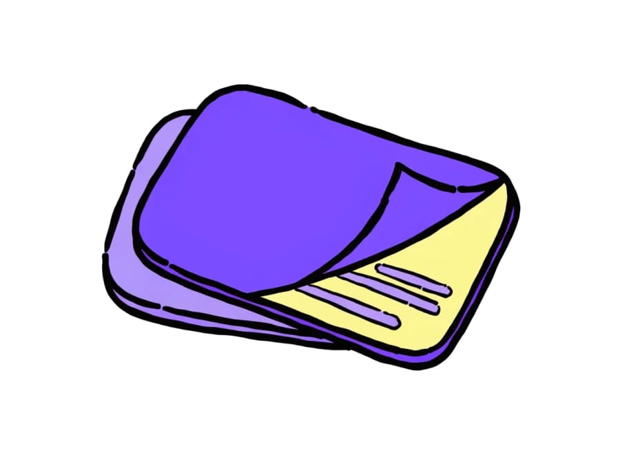A cartoon drawing of two stacked cards, the top one peeled back at the corner to show bright yellow underneath.